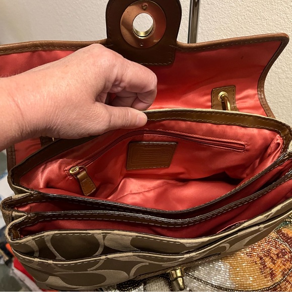 Coach Peyton Signature Sateen Khaki/Brown Python Embossed Leather, Flap Bag. EUC - Picture 8 of 10